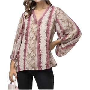 Entro Women's Small Reptile Snake Long Sleeve Chiffon Blouse Top V Neck‎